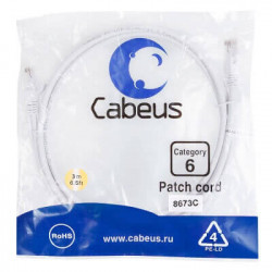 Патч-корд UTP, категория 6, 3 м, неэкранированный, белый Cabeus PC-UTP-RJ45-Cat.6-3m-WH