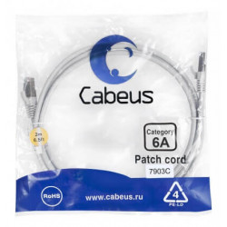 Патч-корд SSTP, категория 6a, 10G, S/FTP экранированный, LSZH, 2 м, серый Cabeus PC-SSTP-RJ45-Cat.6a-2m-LSZH